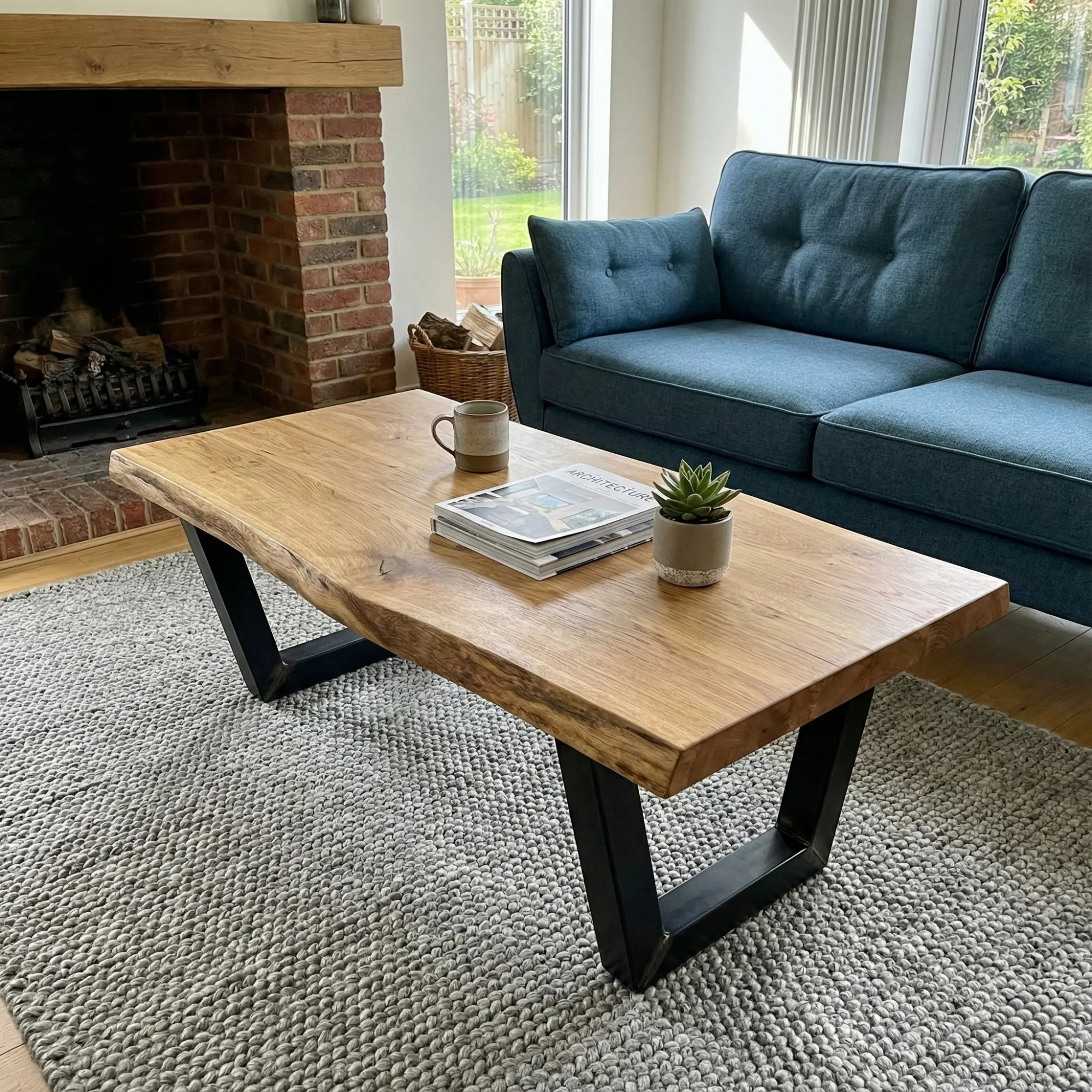 Oval Wood Coffee Table with Steel Base - view 3